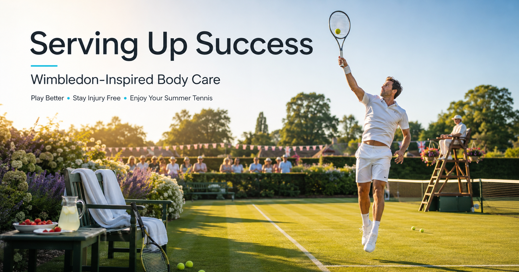 wimbledon-inspired-body-care-barry Recreational tennis player preparing for a match during British summer with Wimbledon-inspired atmosphere